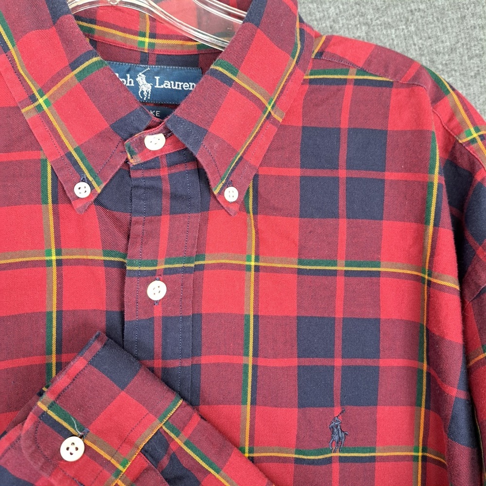 Ralph‎ Lauren Shirt Mens Red Black Plaid Button Up Shirt Large Blake Blue Pony